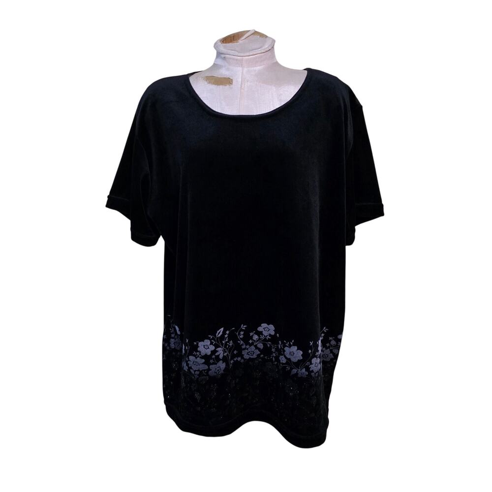 VTG Destination LA Velvet floral Top Women's Sz 2X Floral Made in USA Black